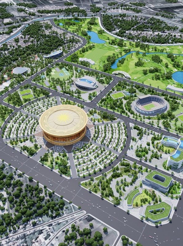 phối cảnh sân vận động trống đồng và khu liên hiệp thể thao olympic